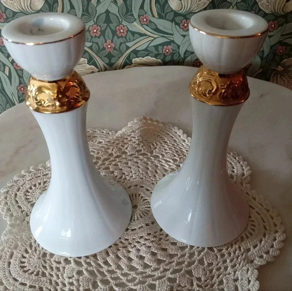 Set of 2 vintage Candle holder ceramic White and gold - Picture 2 of 4